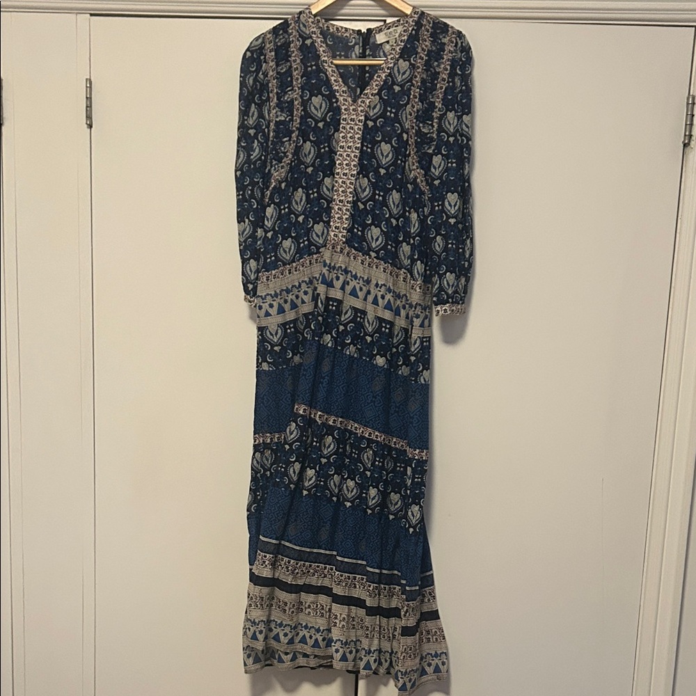 Sea Navy and Beige Patterned Maxi Dress